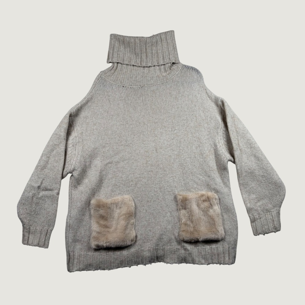 Zara Knit Turtleneck Sweater Womens Faux Fur Pockets Alpaca Blend M Beige Cozy